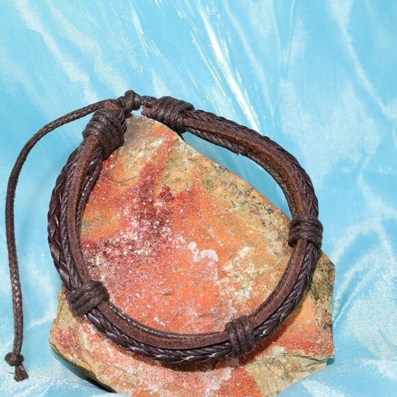 Michael Diego Mens Braid Layered Sliding Tie Leather Bracelet Brown Gift Package - Picture 4 of 9